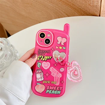 Hot Pink Puff Telefon Obliko Srce Ljubezni Čare Primeru Telefon za iPhone Pro 13 12 11 Pro Max X XR XS Max Kritje Srčkan Mehko Primerih 0