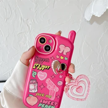 Hot Pink Puff Telefon Obliko Srce Ljubezni Čare Primeru Telefon za iPhone Pro 13 12 11 Pro Max X XR XS Max Kritje Srčkan Mehko Primerih 2
