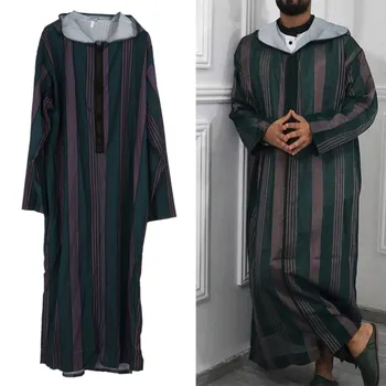 Islamska tam kaftan Muslimanskih Oblačilih Moških Priložnostne Prugasta Tiskanja Dolg Rokav Svoboden Haljo Moda za Moške Kapuco Obleke Arabija Thobe