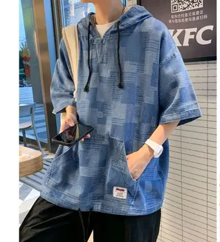 Japonski poletje tanke Kariran denim hooded harbor slog T-shirt kratek sleeve jopica svoboden pol rokavi jakno pet rokavi moški