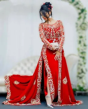 Karakou Alžirija Caftan Večerne Obleke z Dolgimi Rokavi 2021 Rdeče Saten Zlato Čipke aplicirano Peplum Priložnost prom Obleke Nositi