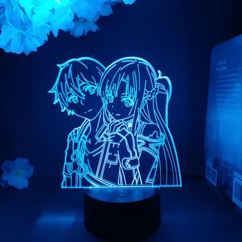 Kirito in Asuna 3D Nočna Srčkan Soba Dekoracijo Manga Sword Art Online Figur LED Anime Lučka za Ženske Spalnica Dekor