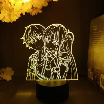Kirito in Asuna 3D Nočna Srčkan Soba Dekoracijo Manga Sword Art Online Figur LED Anime Lučka za Ženske Spalnica Dekor 1