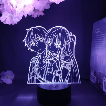 Kirito in Asuna 3D Nočna Srčkan Soba Dekoracijo Manga Sword Art Online Figur LED Anime Lučka za Ženske Spalnica Dekor 2