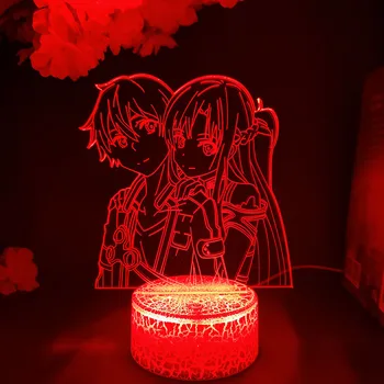 Kirito in Asuna 3D Nočna Srčkan Soba Dekoracijo Manga Sword Art Online Figur LED Anime Lučka za Ženske Spalnica Dekor 3