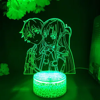 Kirito in Asuna 3D Nočna Srčkan Soba Dekoracijo Manga Sword Art Online Figur LED Anime Lučka za Ženske Spalnica Dekor 4