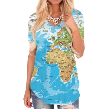KYKU zemljevidu sveta Majica s kratkimi rokavi Ženske Zemlje Proti-vrat Tshirt nove majice 3d Ženska Oblačila Modni Kul Slog Visoke Kakovosti