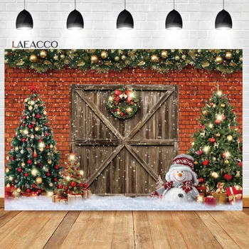 Laeacco Božično Ozadje Sanjsko Bokeh Rdeče Zid Xams Drevo Lesena Vrata Snežaka Otroci Otrok Portrait Fotograranje Ozadju