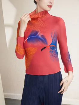 LANMREM Naguban T-shirt Za Ženske Turtleneck Dolge Rokave Pero Tiskanje Slim Tanek Elegancija Vrh 2023 Pomlad Ženska Moda 2R9618 2