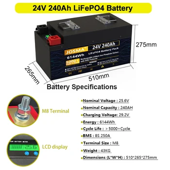 LiFePO4 Baterije 24V 240Ah 200Ah 101% Zmogljivosti Za 25,6 V 7.6 KWh 8S 200A BMS 5000+ Globoko Ciklov 10 Let, Življenjska doba za RV Prostem 3