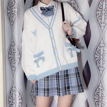 Lolita Jopico Pulover Ženske Sakura Card Captor Vezenje Y2K Pletene Gumb Gor Svoboden Proti-Vrat Dolg Plašč Roza Modra Vrhovi 1