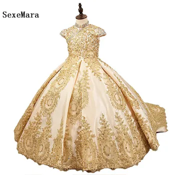 Luksuzni Kristali Zlata Roža Punca Obleke za Poroko Beaded Saten Malo Princesa Pageant Obleke Rojstni Obleke z vlakom