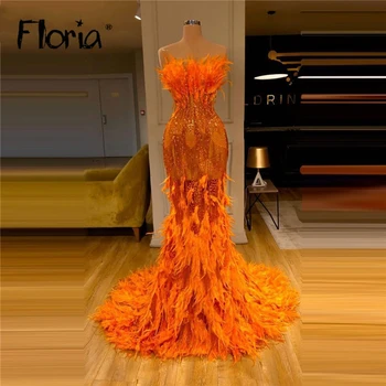 Luksuzni Pero Oranžna Prom Oblačenja Dolgo Morska Deklica Formalno Stranko Halje Dubaj Seksi Obleke Cocktail Vestidos De Gala