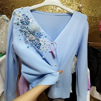 Luksuzni težka beaded pletene cardigan žensk v-necl tri-dimenzionalni sequined cvet outwear