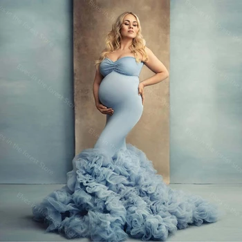 Luksuzno, Svetlo Modra Porodniškega Obleko Dolge Plašče Za Photoshoots Bujne Ogrlicom Til Brez Rokavov Ženske Obleke Dolgo Vlak Fotografija
