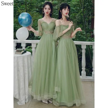 M398 Zeleno Travo Družico Obleke Ženske Princesa Diplomi Vestidos Dekle Iluzijo Rokavi Čipke Til Poroka Stranka Obleko