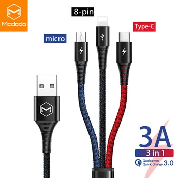 Mcdodo 3 v 1, USB Kabel 3A Micro USB Tip C Kabel Za iPhone 14 13 12 11 Pro Max Huawei Xiaomi Telefon Samsung Hitro Kabel za Polnjenje
