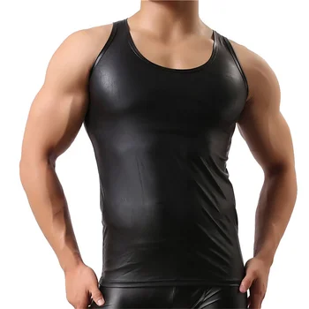 Mens Vrhovi Tank PU Usnje brez Rokavov Vrhovi Poletje Fitnes Športna Bodybuilding Black Undershirts Priložnostne Latex Clubwear Plus Velikost