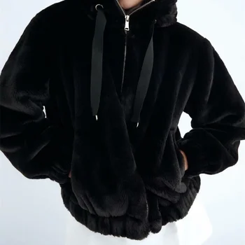 MESTTRAF Žensk 2020 Moda Specializiranimi za umetno Krzno, Teksturo Hooded Suknjič Retro Črno Dolgimi Rokavi, okoli Vratu Dolgo Toplo Jakno Ulične