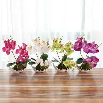 Metulj Orhideja Bonsaj Umetno Simulacije Cvet, Bela Roža Pot Set Home Office Svate, Dekoracijo