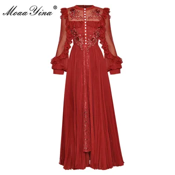 MoaaYina Modni Stezi obleko Poletje Ženske obleke Luč rokav Očesa Sequins Beading Čipke Dolge Rdeče Obleke Naguban