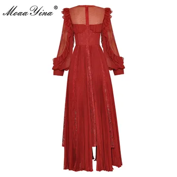 MoaaYina Modni Stezi obleko Poletje Ženske obleke Luč rokav Očesa Sequins Beading Čipke Dolge Rdeče Obleke Naguban 1