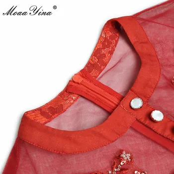 MoaaYina Modni Stezi obleko Poletje Ženske obleke Luč rokav Očesa Sequins Beading Čipke Dolge Rdeče Obleke Naguban 3