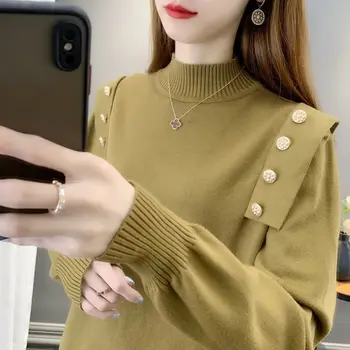 Moda Turtleneck Pletene Razrezana Gumb korejski Pulover ženska Oblačila 2022 Jeseni Nove Priložnostne Puloverji Izgubijo Vse-ujemajo z Vrhovi