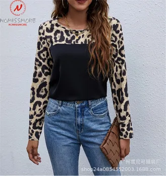 Moda Za Ženske Leopard Natisniti T-Majice Barvno Ujemanje Modela O-Vratu Dolg Rokav Pomlad Jesen Priložnostne Svoboden Puloverji Vrh 1
