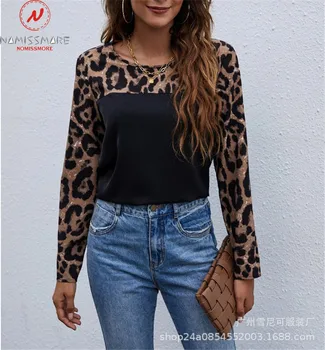 Moda Za Ženske Leopard Natisniti T-Majice Barvno Ujemanje Modela O-Vratu Dolg Rokav Pomlad Jesen Priložnostne Svoboden Puloverji Vrh 3