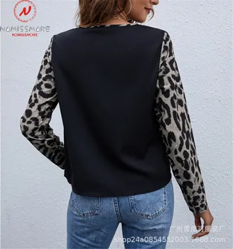Moda Za Ženske Leopard Natisniti T-Majice Barvno Ujemanje Modela O-Vratu Dolg Rokav Pomlad Jesen Priložnostne Svoboden Puloverji Vrh 4