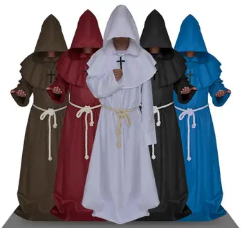 Moški Menih Kapuco Obleke Plašč Patra Srednjeveški Renaissance Duhovnik Cape Kostum Cosplay Halloween Letnik Kostum za Moške