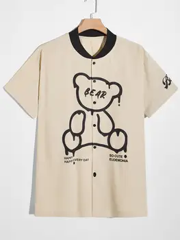 Moški Nosijo In Slogan Tiskanja Priložnostne Socialni Luksuz Svoboden Kaki Moda Srčkan Grafični Baseball Ovratnik Mozaik Majica