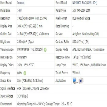 N140HCA-EAC za Innolux Display14.0 Prenosnik LCD LED Zaslon 45% NTSC 30 zatiči FHD 1920*1080 IPS Matriko P/N SD10P21270 FRU 01LW086 5