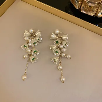 Nov Modni Trend S925 Srebrno Iglo Elegantno Občutljivo Pearl Orhideja je Cvet Tassel Uhani za Ženske, Nakit Stranka Darilo Debelo 2