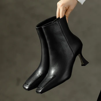 Nova moda pravega usnja 7 cm visoke tanke pete strani zadrgo kvadratni toe velikost 34-40 ročno zimske ženske škornji GN20 MUYISEXI