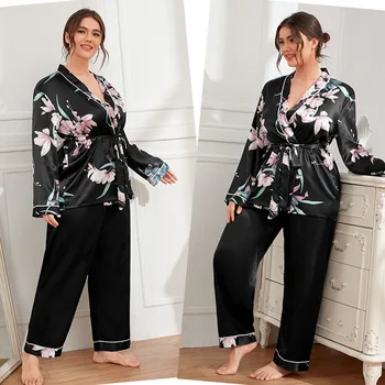 Nova moda seksi velike velikosti pajama žensko jopico čipke-up nightgown hlače pajama priložnostne svoboden luksuzni domov ženske set