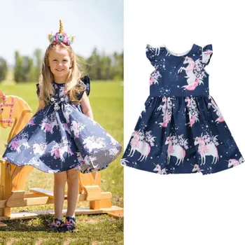 nova moda za Malčke Fant Dekle obleko cvetlični Samorog natisnjeni Priložnostne Obleke enodelni Kostum a-line oblačenja 2