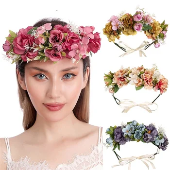 Nove poročne headdress Bohemian Cvet Kron Plaži na Havajih Cvetlični Garland Romantično Umetno Rose Poročna Venci Nov Cvet Glavo