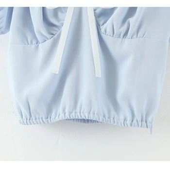 Novo leto 2020 Casual Chic Lok Puff Sleeve Solid Ženske Obreži Zgoraj Počitnice Stil Modni Proti-vrat Kratke Bluze za Ženske Ropa Mujer 4