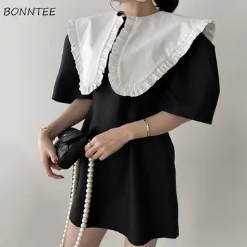 Obleke Ženska Puff Rokav Poletje Trendy 2021 francoskem Slogu Zavoj navzdol Ovratnik staromodna Preprosto Elegantno Mozaik Gospe Priložnostne