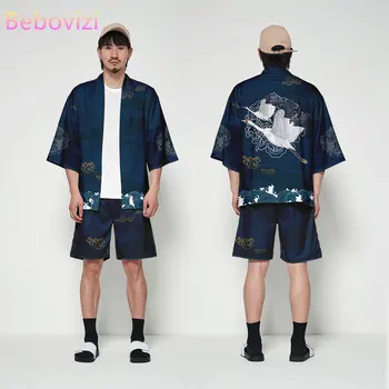 Obleko, dvodelno, S-4XL Svoboden Japonski Jopico Žerjav Ženske Moški Cosplay Yukata Oblačila Harajuku Samurai Kimono + Hlače Hlače Določa