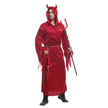 Odrasli Red Devil Demon Gospoda Kostum Hooded Haljo Rog za Moške Halloween Purim Stranka Karneval Cosplay