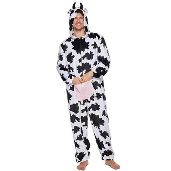 Odraslih Plišastih Krava Tiskanja Pajama Kostum Halloween Enega Kosa Živali Mlečne Krave Cosplay