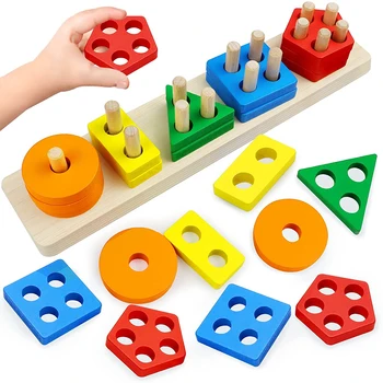 Otrok, Štiri-post Geometrijsko Modeliranje Gradbenih Blokov MontessoriToys Macaron JigsawPuzzle Pripomočkov za Poučevanje Otrok Lesene Igrače