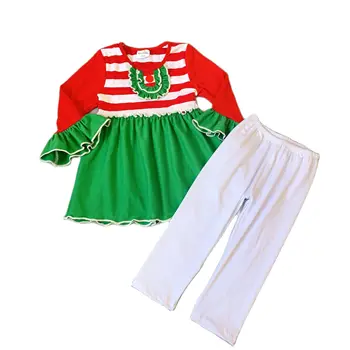 otroke Božič določa rdeče proge, dolg rokav obleka bele bombažne hlače nastavite Ruffle Šivanje Božič Baby Dekleta Obleke Določa