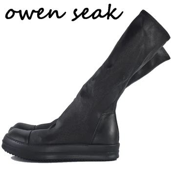 Owen Seak Ženske Čevlje Kolena Visoki Škornji Ovčje Usnje Luksuzni Športni Copati Pozimi Zavezat Priložnostne Stanovanj Čevlji Črna Bela Velika Velikost