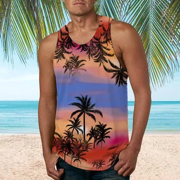Palm Tree Grafični Cisterno Vrh Za Moške 3d Tiskanja brez Rokavov Plaži Konoplje Dlani, Vzorec Vrhovi Barve Telovnik Havajih Pisane Pigment T-shirt