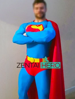 Po meri Izdelana, Modre In Rdeče Spandex Super Heroj, Človek Cosplay Kostum z Cape Strip Superheroj Moška Lycra Zentai Bodysuit