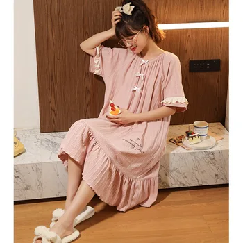 Poletje Bombaž Nightgown Ženske Sleepwear korejski Srčkan Domače Obleke Ženska Dekle Obleko Noč Plus Velikost M-4XL Sleepshirt mujer